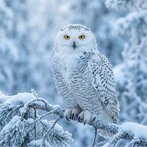 Majestic Snowy Owl Perched on Snow-Covered Tree Branch