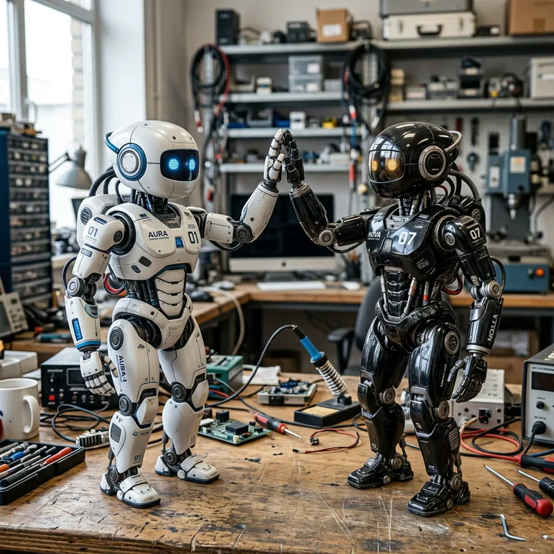 Cute Black and White Robot Friends Sharing a High-Five