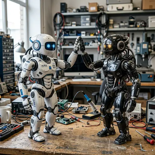 Adorable Black and White Robots High-Fiving | Realistic Photo