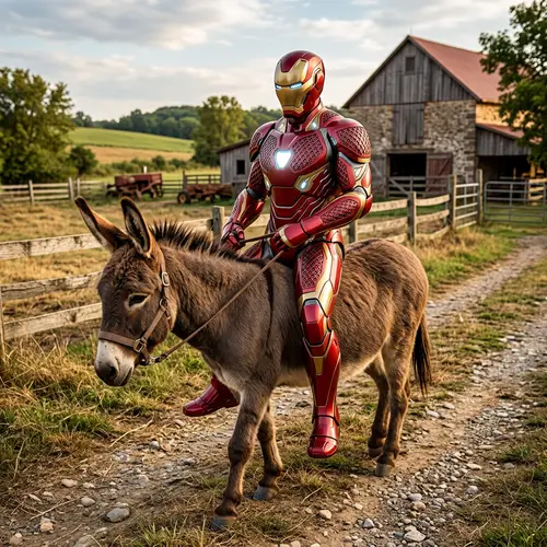 Male Character in Red and Gold Mechanized Suit Riding Donkey