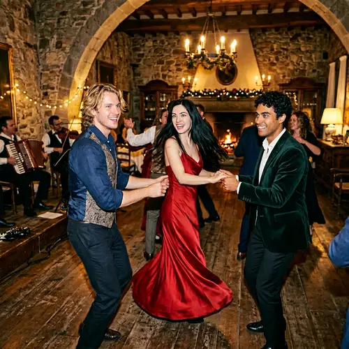 Graceful Dance in Italy: Black Hair vs. Blond Men & Dual-Eyed Woman
