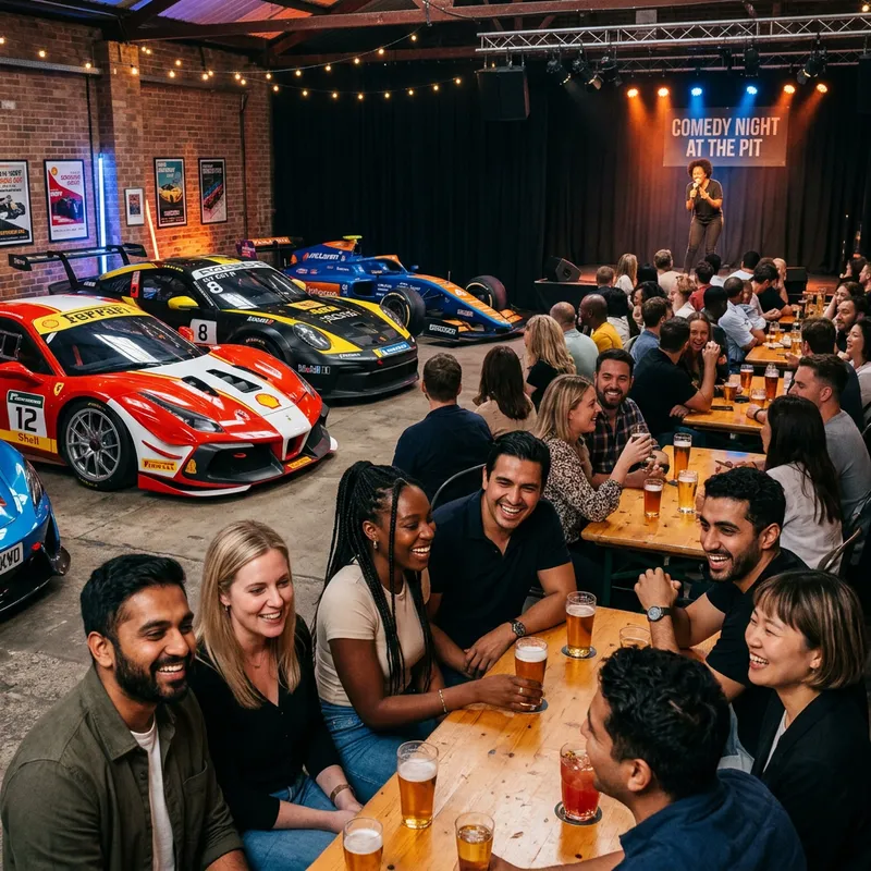 Eclectic Stand-Up Comedy with Diverse Spectators & Vibrant Race Cars