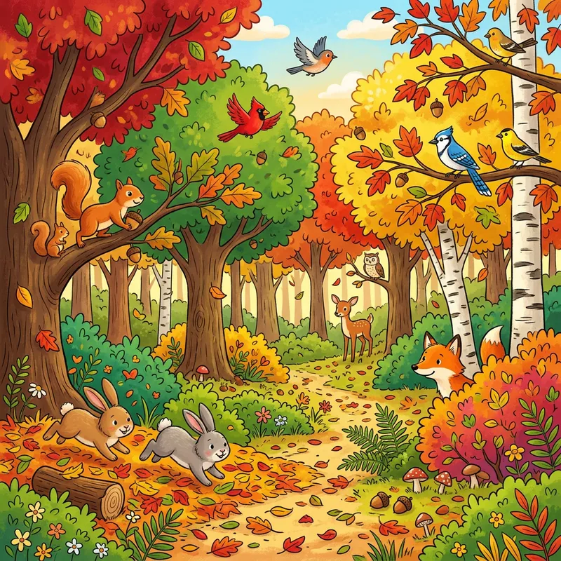 Colorful Forest Illustration for Pre-Kindergarten with Red, Green, Yellow, and Orange