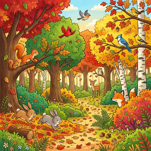 Vibrant Forest Scene Illustration for First Grade Level