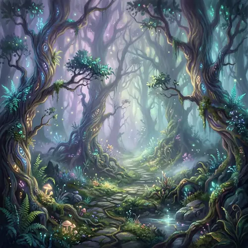 Mystical Forest Painting with Dreamlike Colors and Enchanted Trees