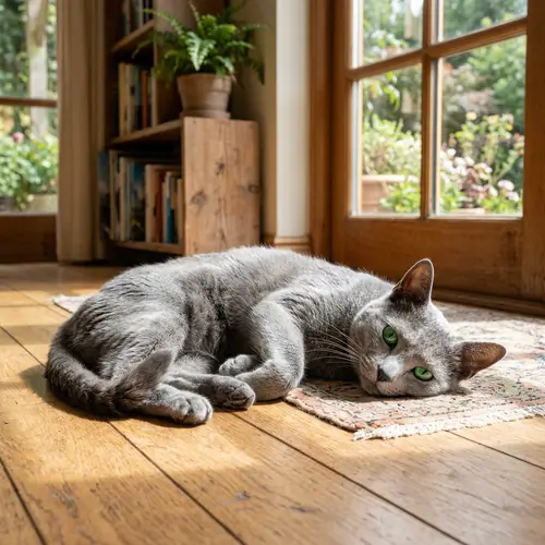 Relaxing Russian Blue Cat in Sunlit Room
