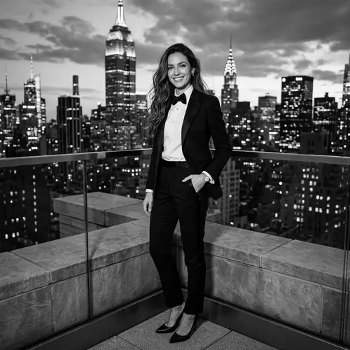 Stylish Woman in Tuxedo with NYC Skyscrapers | Fashion Photography