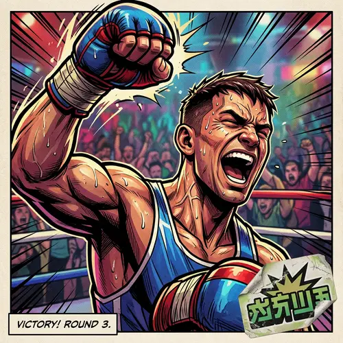 Triumphant Boxer Illustration with Comic Book Flair