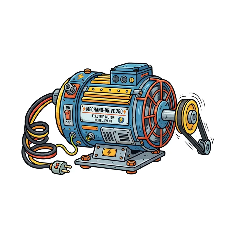 Mechanical Cartoon-Style Electric Motor in Center with White Space