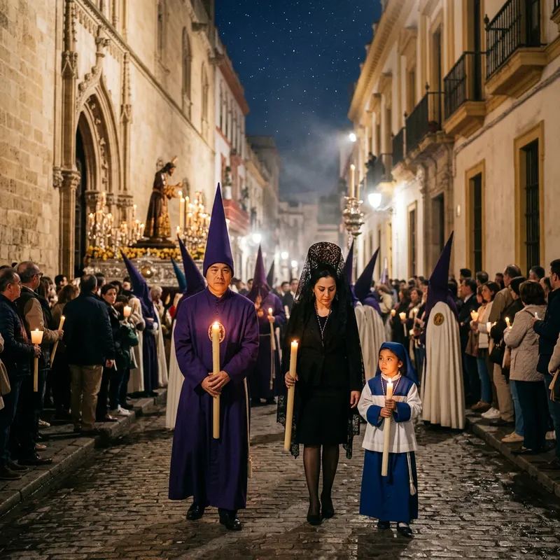Semana Santa Procession: Diverse Participants in Historic City Night