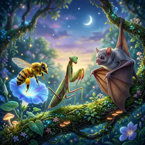 Bee, Mantis, Vampire Bat - Surreal Scene of Unique Creatures