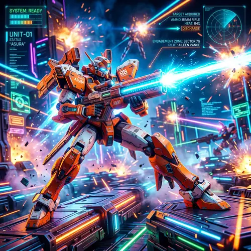 Orange and White Gundam in Dynamic Pose | Futuristic Infographic Style