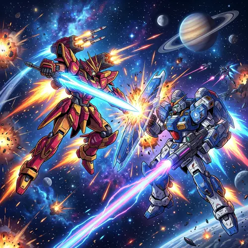 Epic Space Battle: Sinanju vs. Gundams | Vibrant Anime Aesthetics