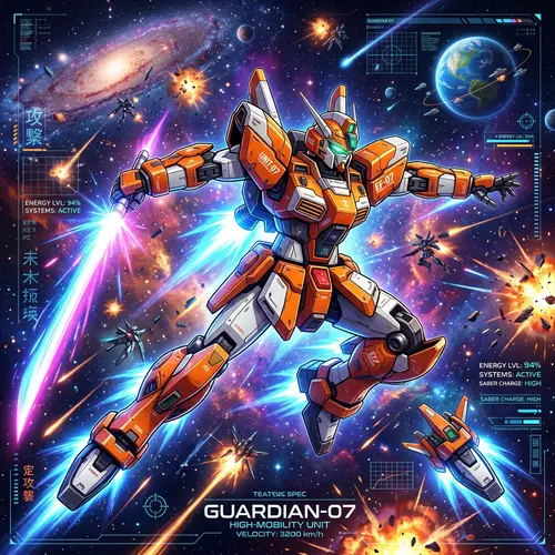 Dynamic Orange & White Gundam Floating in Space