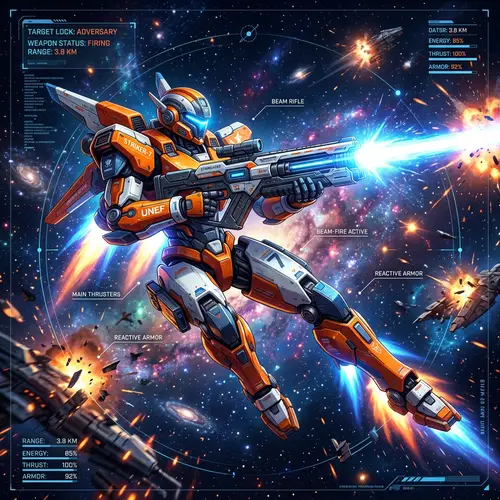 Dynamic Orange and White Gundam in Space Firing Beam Rifle | Futuristic Infographic Style