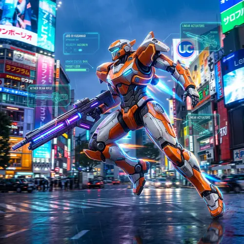 Dynamic Orange and White Gundam in Action | Futuristic Infographic Style