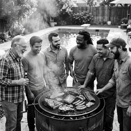 Texas Style BBQ Pit: Festive Backyard Scene in Timeless Black and White