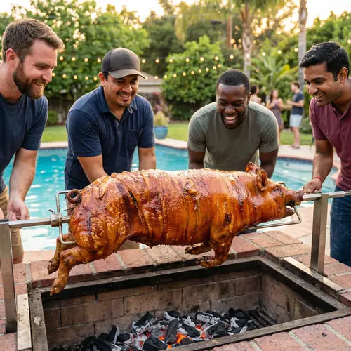 Joyful Festive Ambience: Men Roasting Whole Pig by Pool