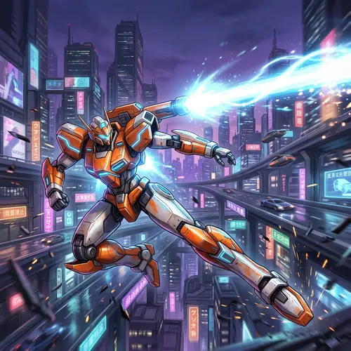 Dynamic Orange & White Gundam Battling in Futuristic Scene