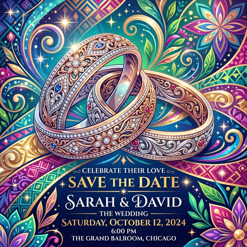 Vibrant Rings Intertwined in Digital Art for Wedding Invites