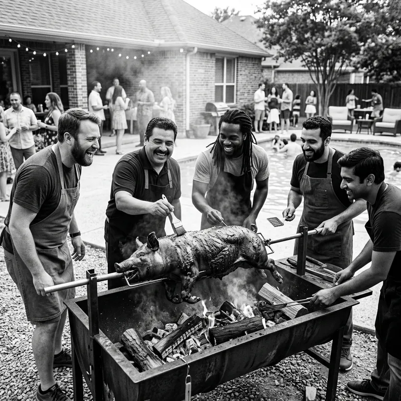 Festive Backyard BBQ: Diverse Men Roasting Whole Pig