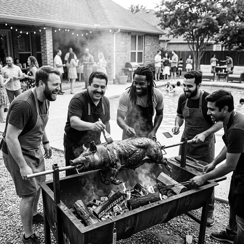 Diverse Men Roasting Whole Pig at Festive BBQ Party