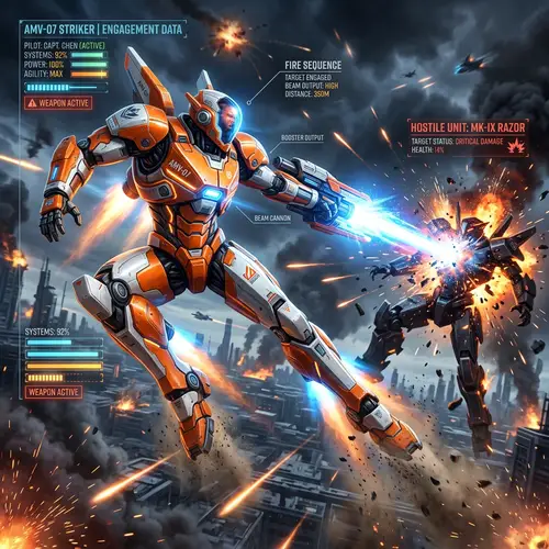 Dynamic Orange & White Gundam Battling in Futuristic Style