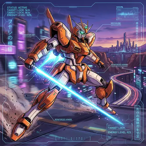 Orange and White Gundam-Style Robot with Beam Sabre in High-Energy Pose