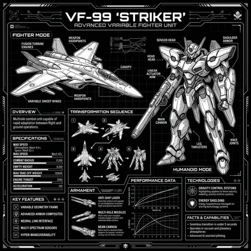 Futuristic Black and White Macross VF-1s Robotec Infographic
