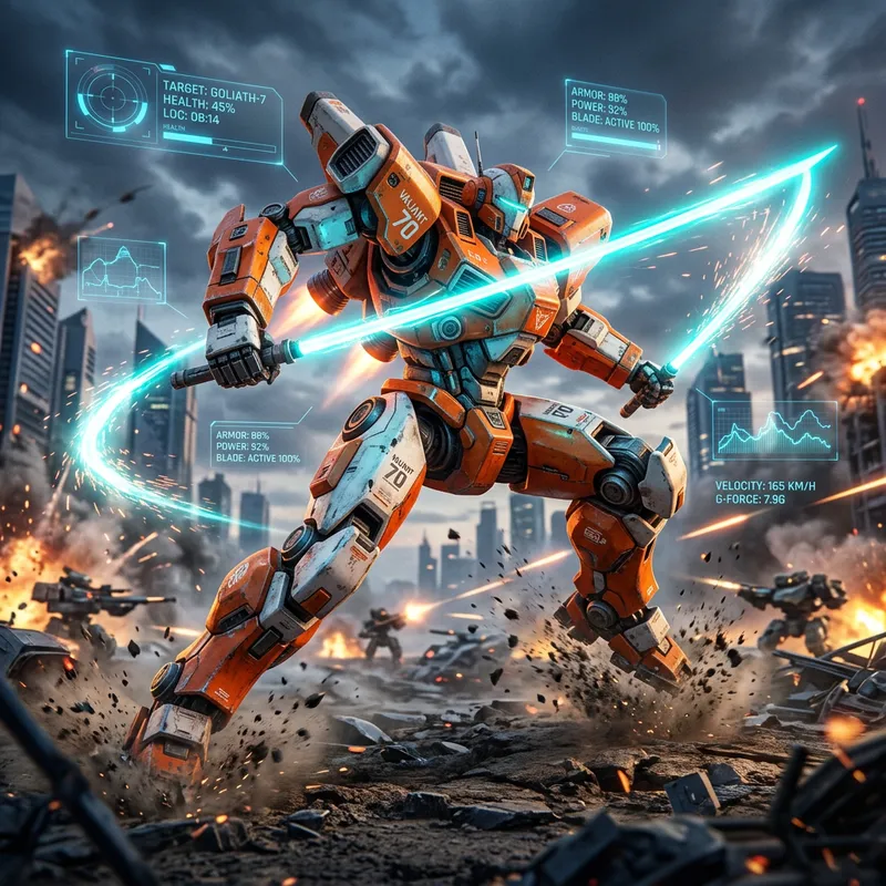 Orange and White Mecha in Intense Battle | Futuristic Infographics