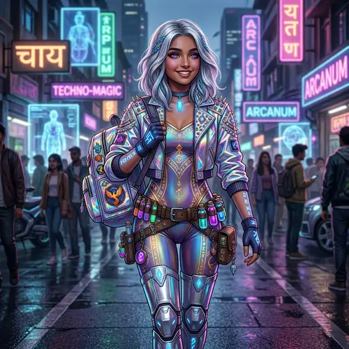 Modern Fantasy Fusion: Silver-Haired South Asian Girl in Unique Outfit