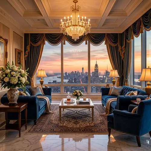 Luxurious Living Room with Velvet Sofas and City View at Sunset