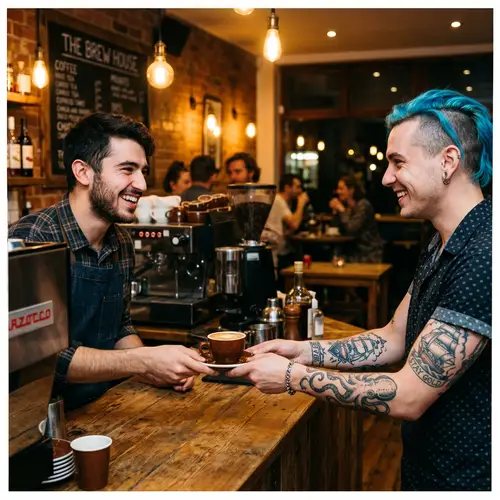 Smiling Barista Serving Espresso to Customer in Cozy Evening Cafe