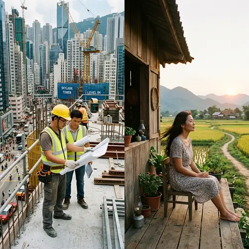 Asian Man Working Abroad in Urban Setting | Construction Site