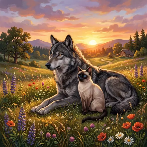 Siamese Cat and Wolf in Peaceful Meadow | Unexpected Friendship