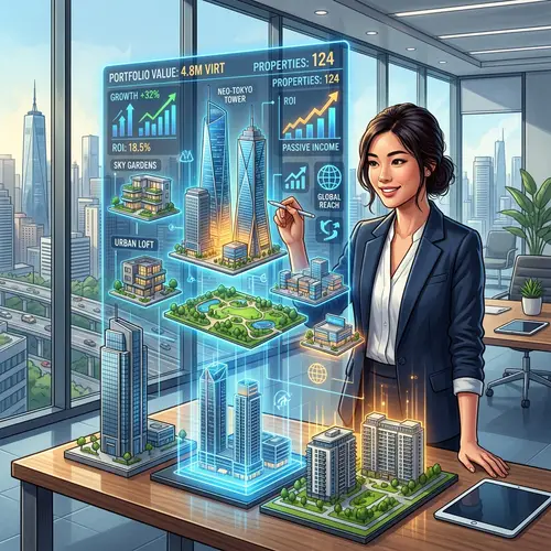 Asian Female Investor in Futuristic Real Estate Portfolio View