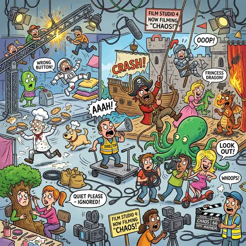 Diverse Cartoon Characters in Comedic Film Studio