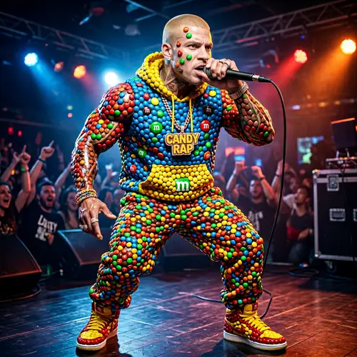 Colorful Candy-Coated Rapper: Unique Hip-Hop Performance