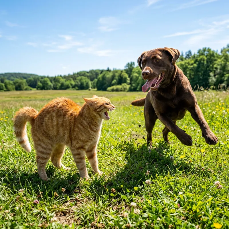 Cat and Dog Playful Fight in Grassy Field