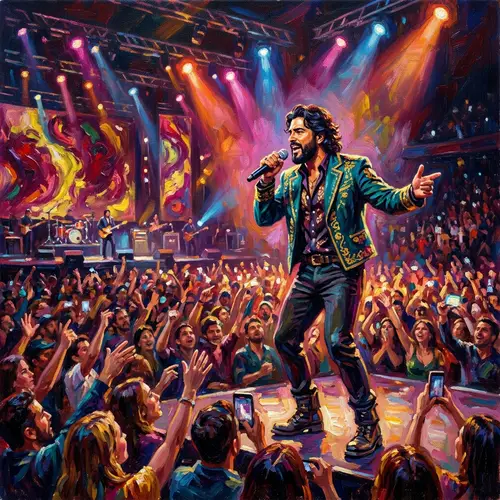 Vibrant Oil Painting of Latino Male Singer on Stage