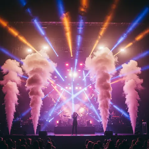 Vibrant Concert Stage with Colorful Lights and Smoke