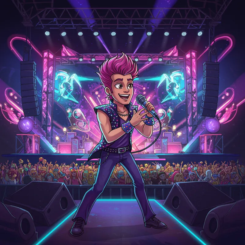 Cartoon Male Singer on Stage with Crowd