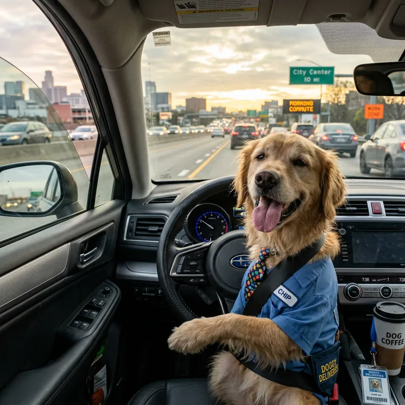 Happy Dog Driving to Work - Tired but Joyful