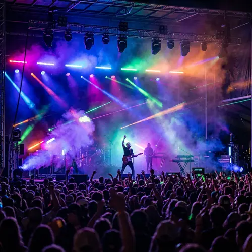 Vibrant Concert Stage with Colorful Lights and Smoke