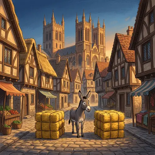 Ancient Medieval Town Scene with Donkey and Hay Bales