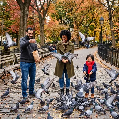 Urban Park Scene in Autumn: Feeding Pigeons with Diverse Group