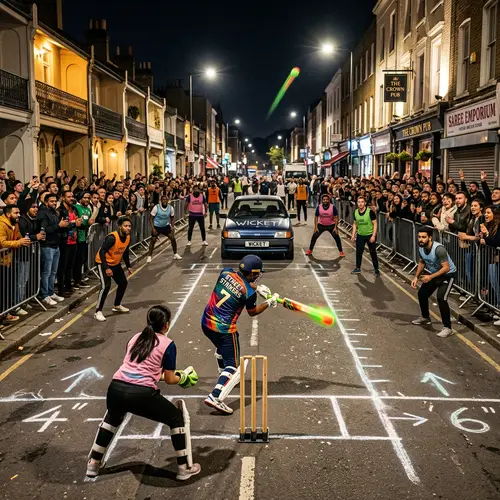Diverse Cricket Match on Well-Lit Street: Electrifying Tournament