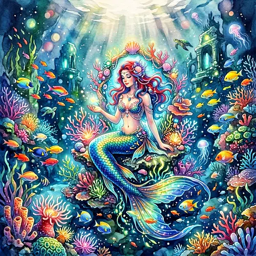 Magical Underwater Panorama: Enchanting Mermaid Amidst Marine Life