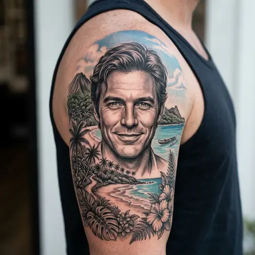 Realistic Tropical Paradise Landscape & Will Smith Face Tattoo Design