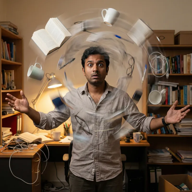 Confused South Asian Man Surrounded by Objects